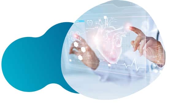The hands of a researcher on a 3D screen showing the representation of the heart of a person