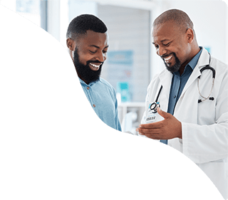 Male patient consulting doctor about clinical trials for sciatica from lumbar disc herniation