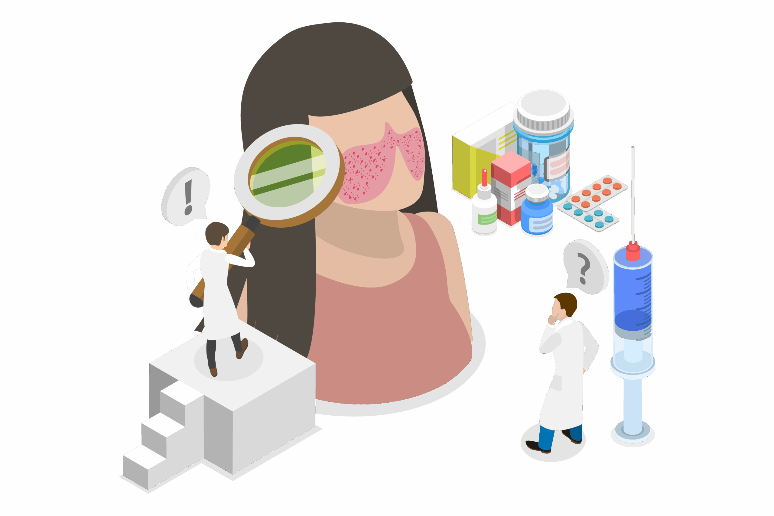 Lupus Graphic Medical illustration of woman with doctor studying her skin issues